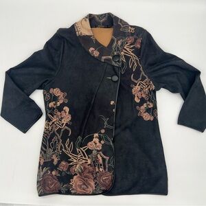 Radzoli XL Black Floral Asymmetrical Button Jacket – Boho Artwear Style